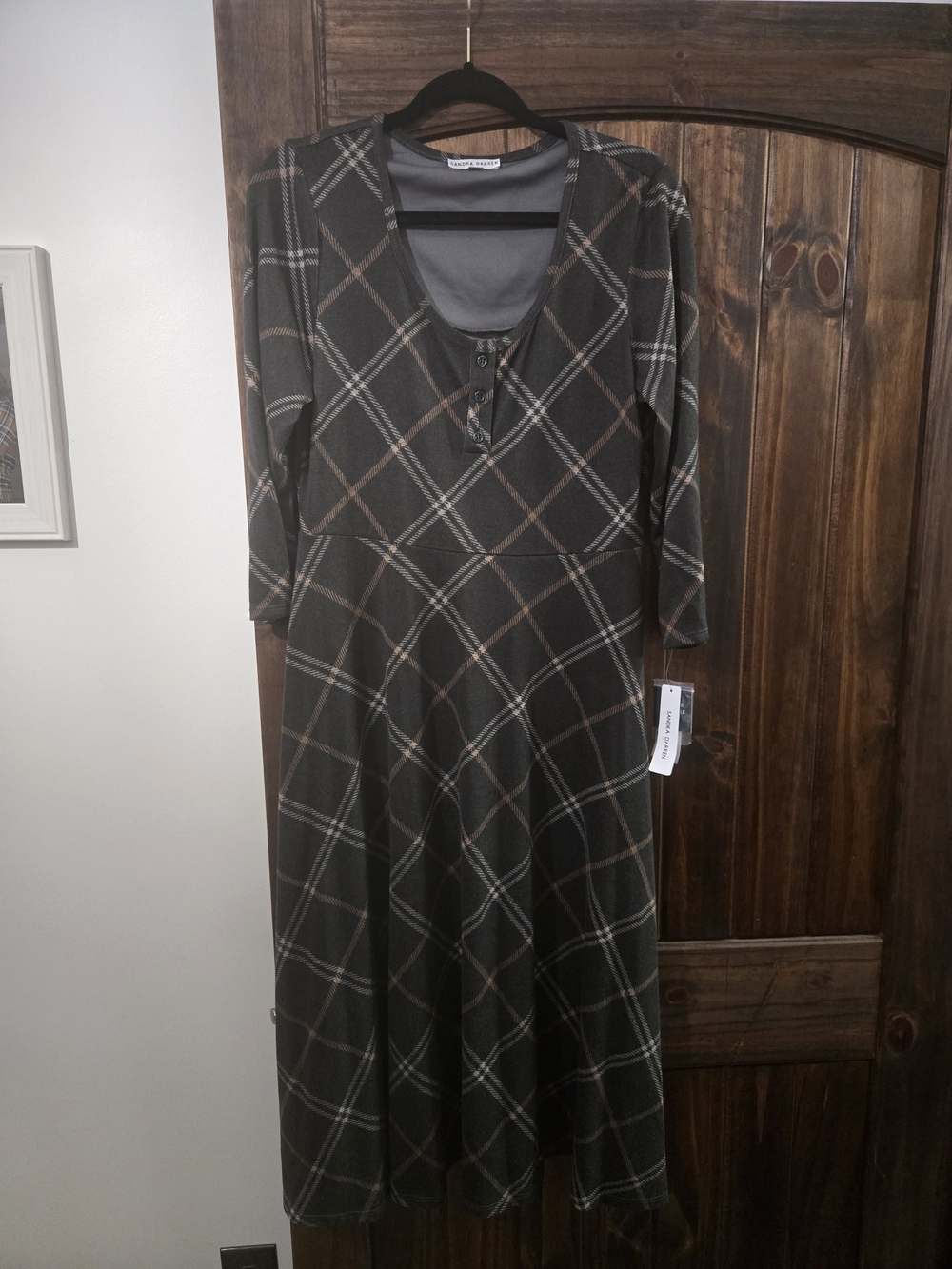 Sandra Darren Gray and Tan Plaid Long Sleeve Fit-and-Flare Dress
